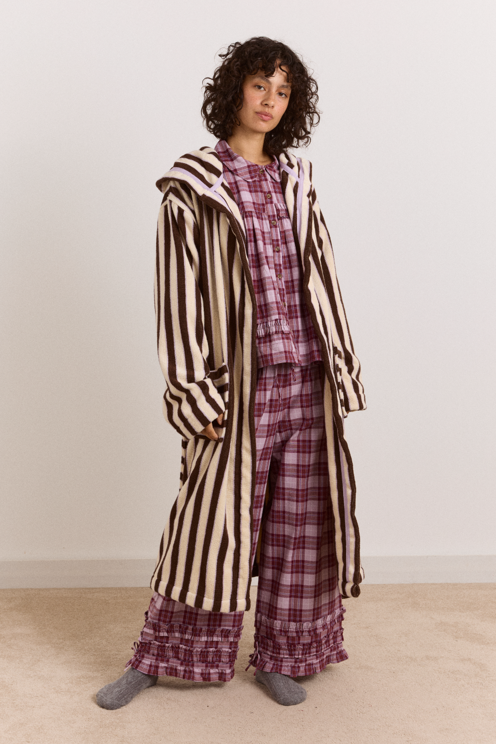 Towelling Robe With Hood - Choc Ecru Stripe