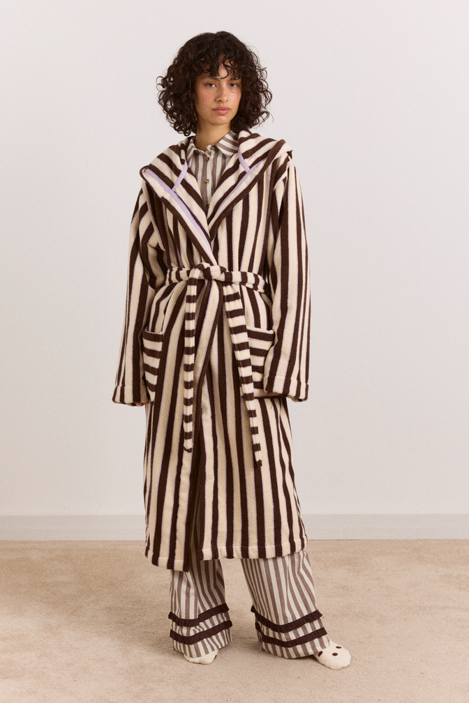 Towelling Robe With Hood - Choc Ecru Stripe