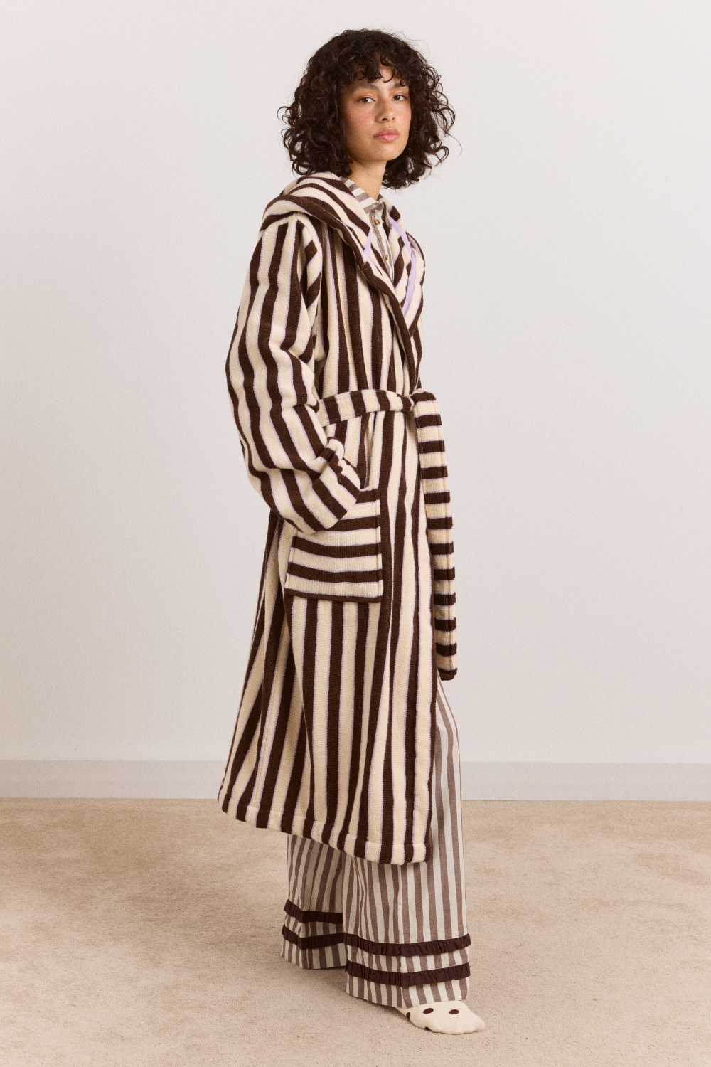 Towelling Robe With Hood - Choc Ecru Stripe