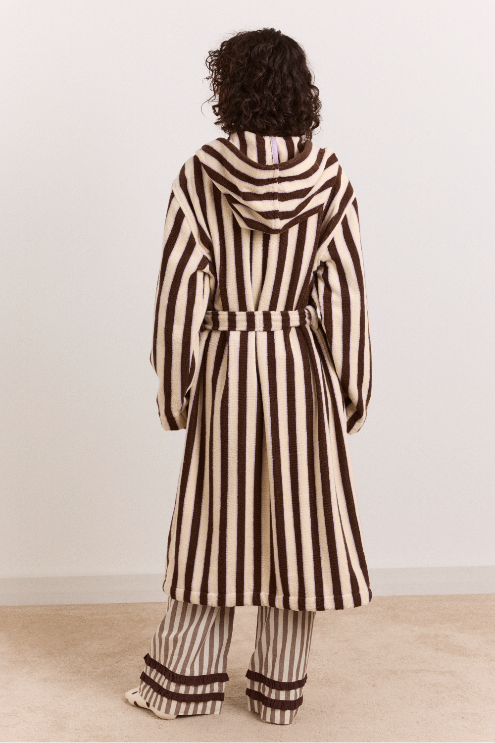 Towelling Robe With Hood - Choc Ecru Stripe
