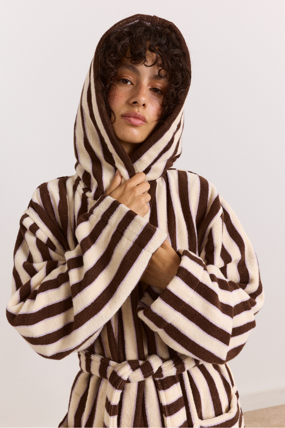 Towelling Robe With Hood - Choc Ecru Stripe