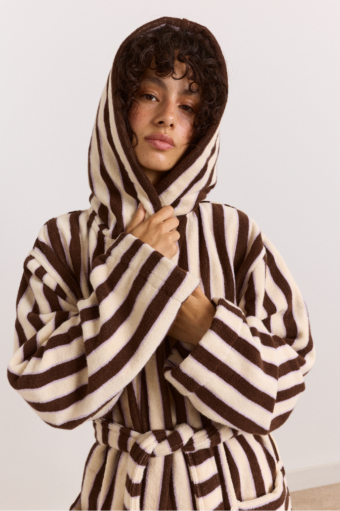 Towelling Robe With Hood - Choc Ecru Stripe