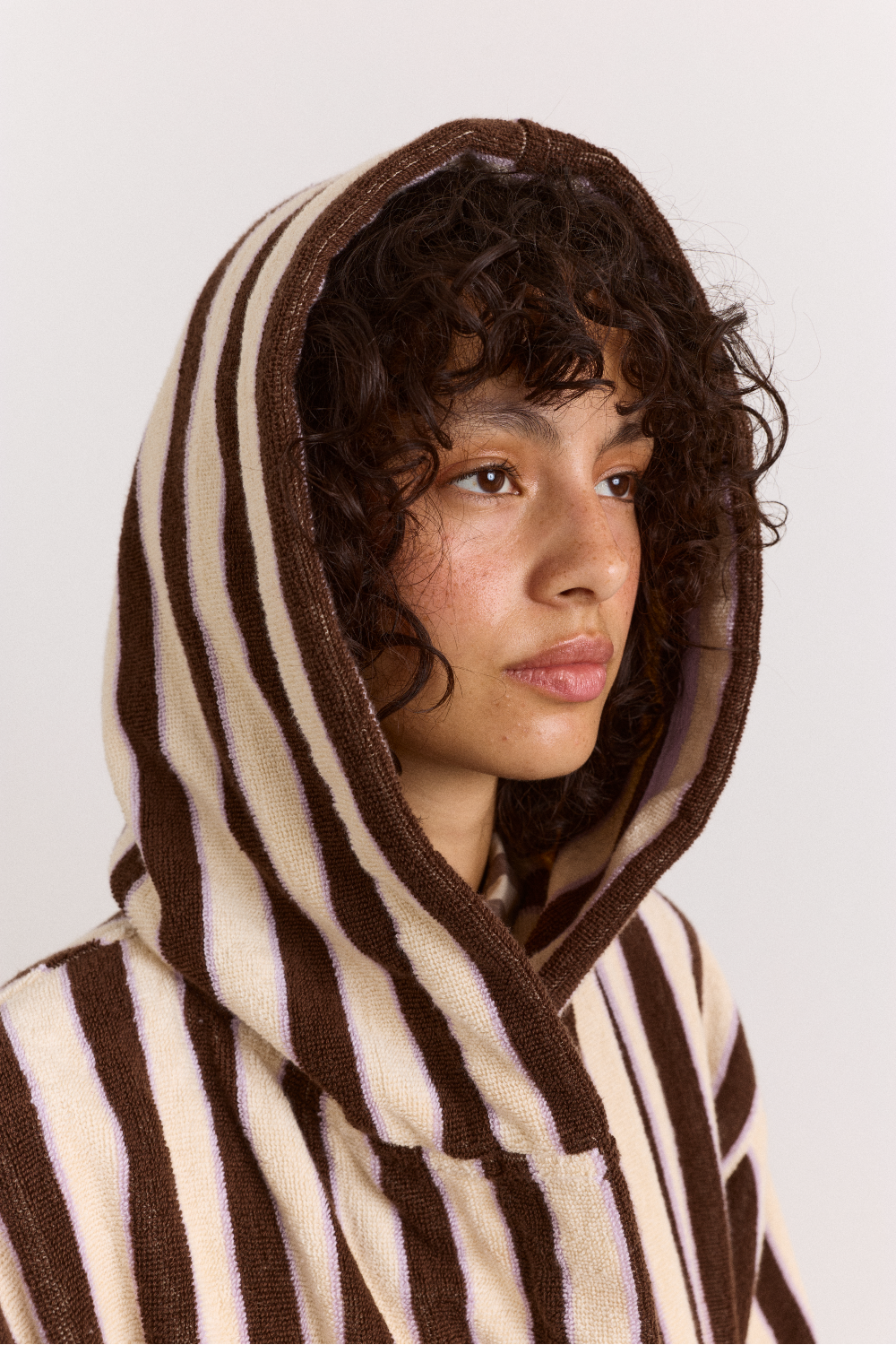 Towelling Robe With Hood - Choc Ecru Stripe