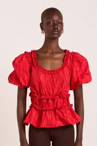 everly ruffle blouse red tafetta
