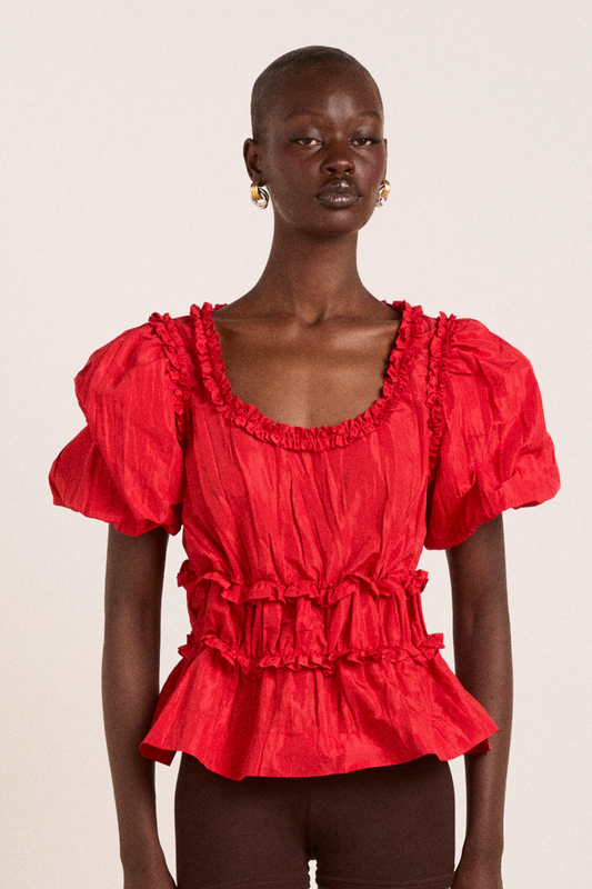 everly ruffle blouse red tafetta