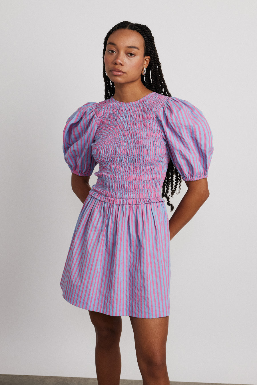 bluebelle shirred mini dress - pink & blue stripe – Damson Madder bluebelle shirred mini dress - pink & blue stripe – Damson Madder