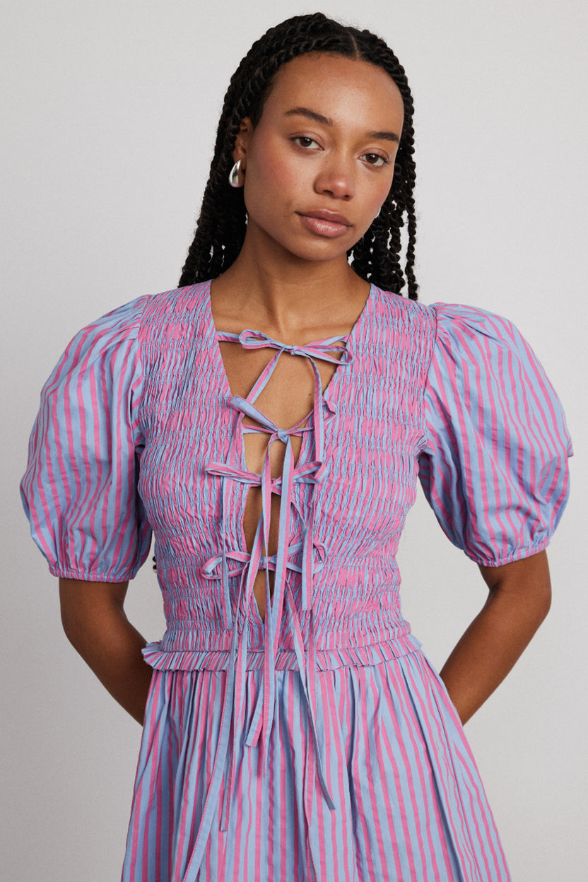 Bluebelle Shirred Mini Dress Pink And Blue Stripe Damson Madder 