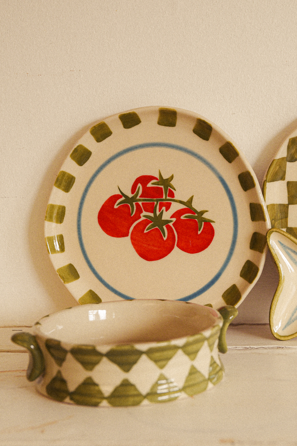 hand painted snack bowl- green check