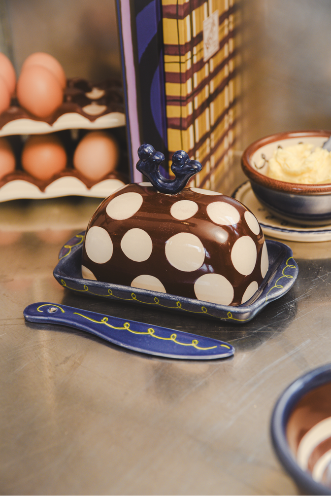 Hand Painted Set Of Two Butter Dish & Knife