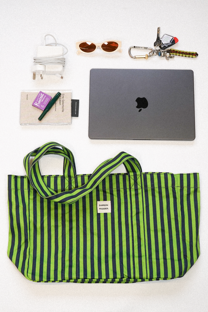 dm canvas tote - navy lime stripe