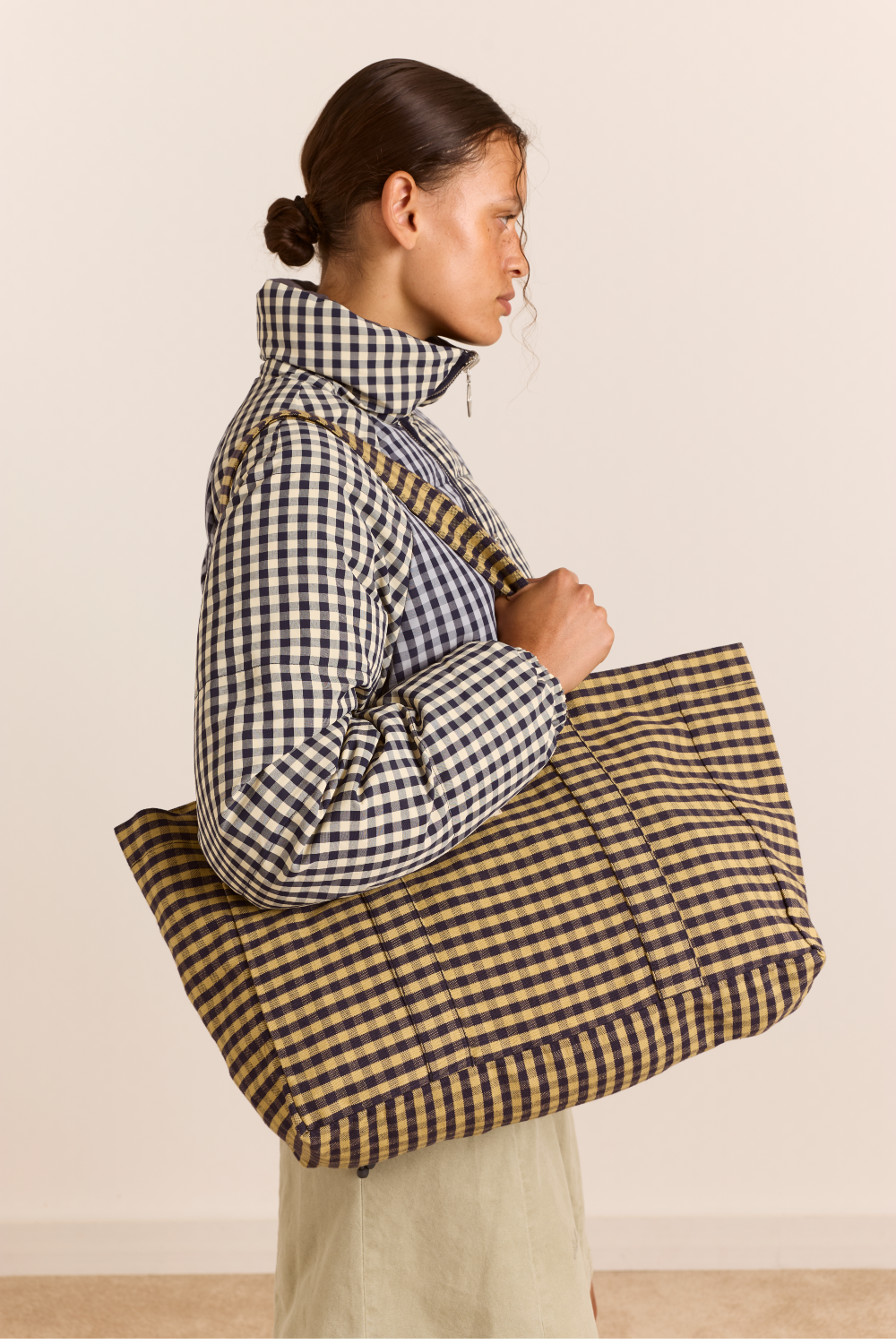 Canvas Tote Bag - Tan/Navy Gingham