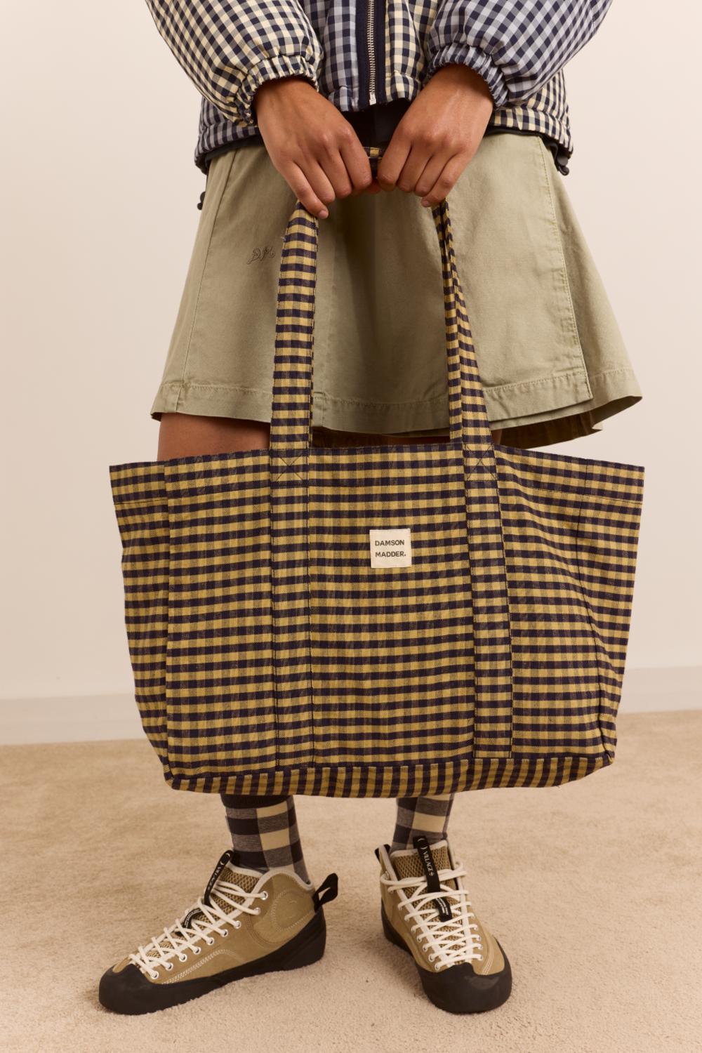 Canvas Tote Bag - Tan/Navy Gingham