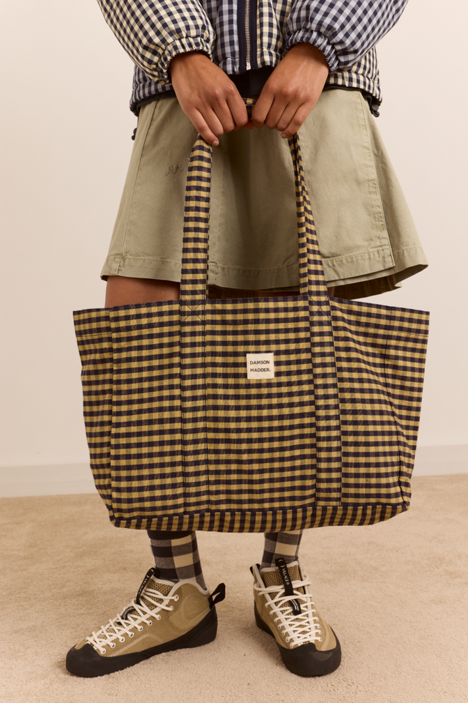 Canvas Tote Bag - Tan/Navy Gingham