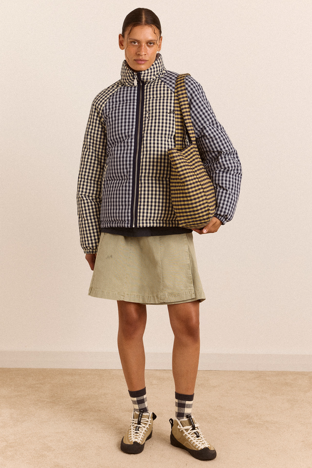 Canvas Tote Bag - Tan/Navy Gingham