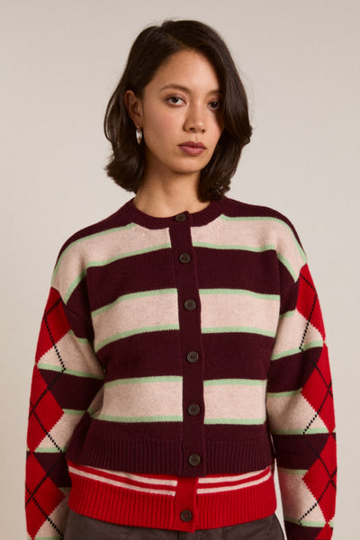 didi merino wool double cardigan - burg argyle & stripe