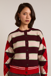 didi merino wool double cardigan - burg argyle & stripe