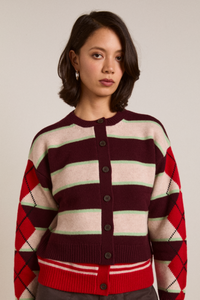 Didi Merino Wool Double Cardigan - Burg Argyle & Stripe