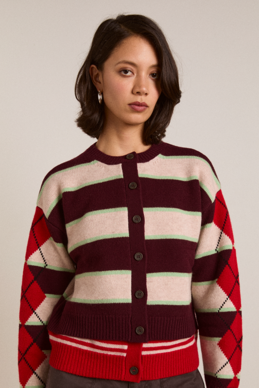 didi merino wool double cardigan - burg argyle & stripe