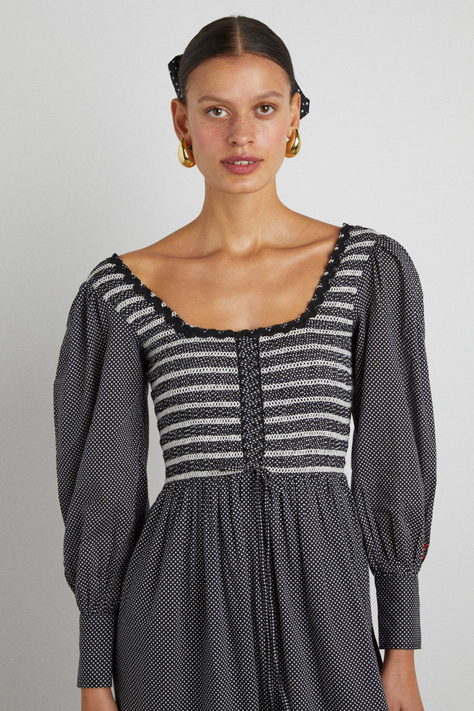 Hermione Shirred Midi Dress - Pin Dot