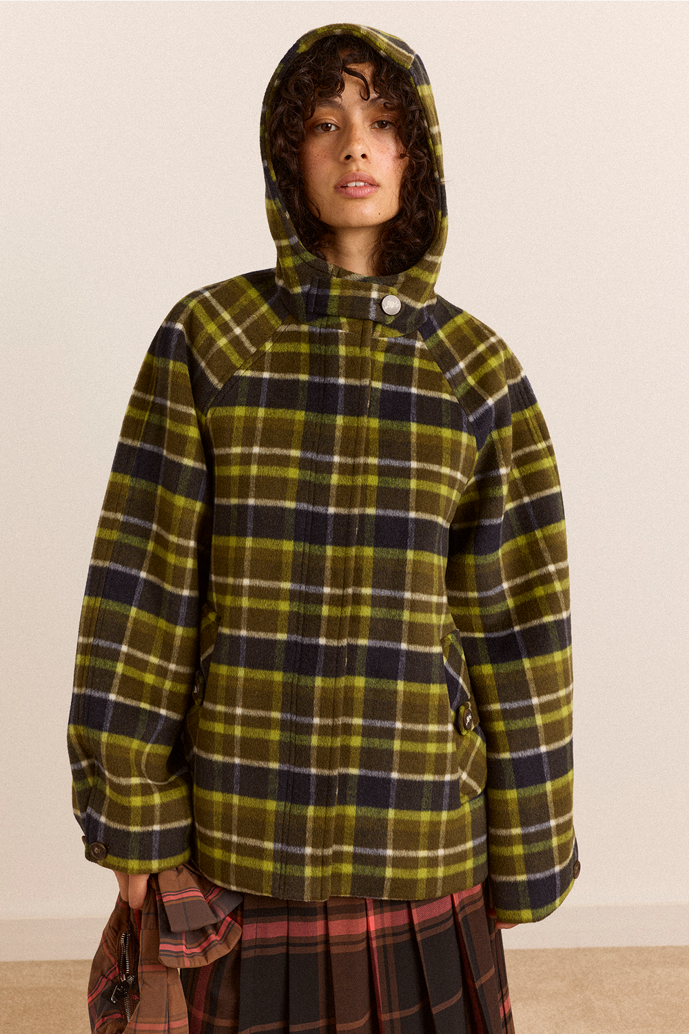 Edison Hooded Wool Blend Coat - Lark Green Check