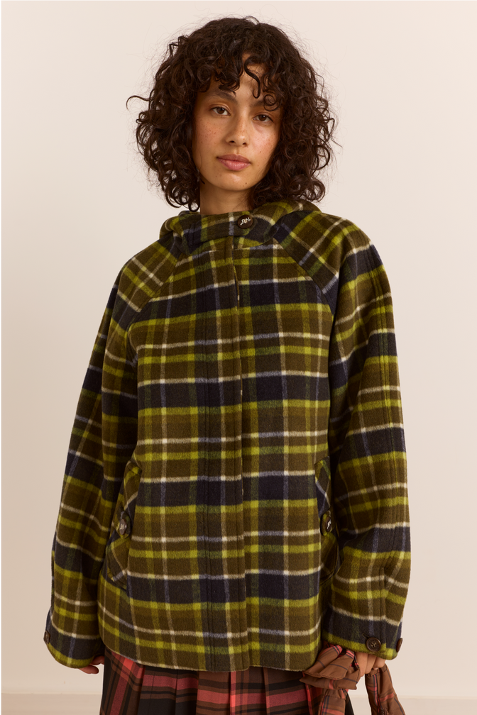 Edison Hooded Wool Blend Coat - Lark Green Check