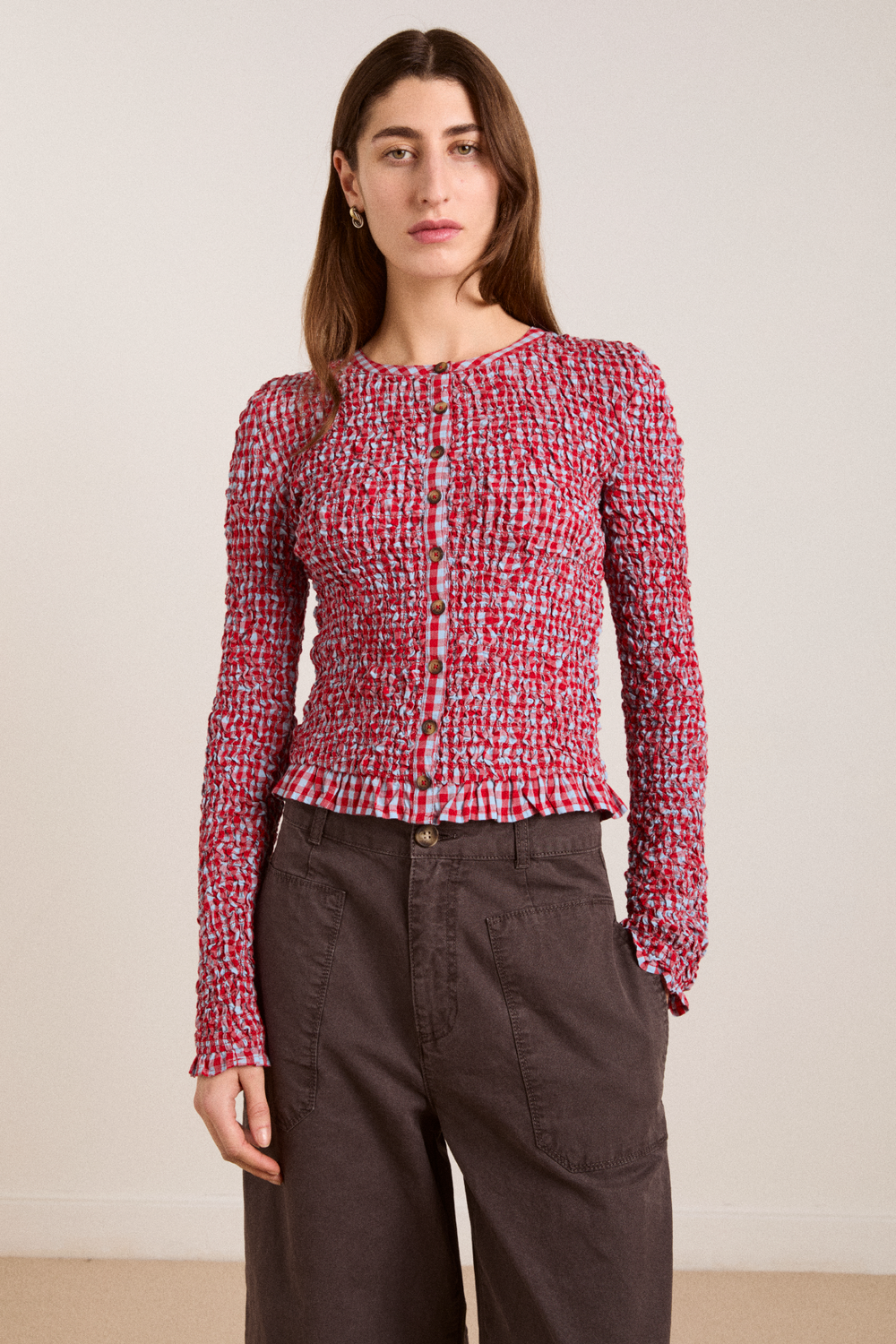 elliana smocked cardi - blue & red gingham