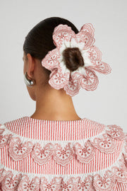 broderie edge statement scrunchie in ecru & red