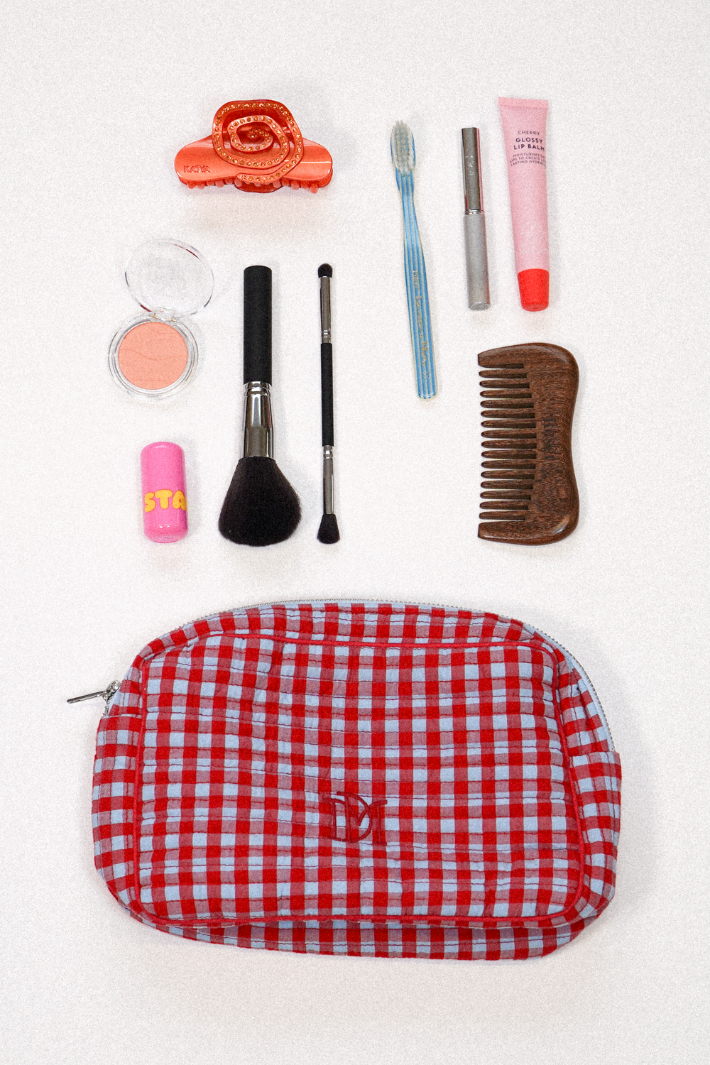 make up bag - blue and red gingham