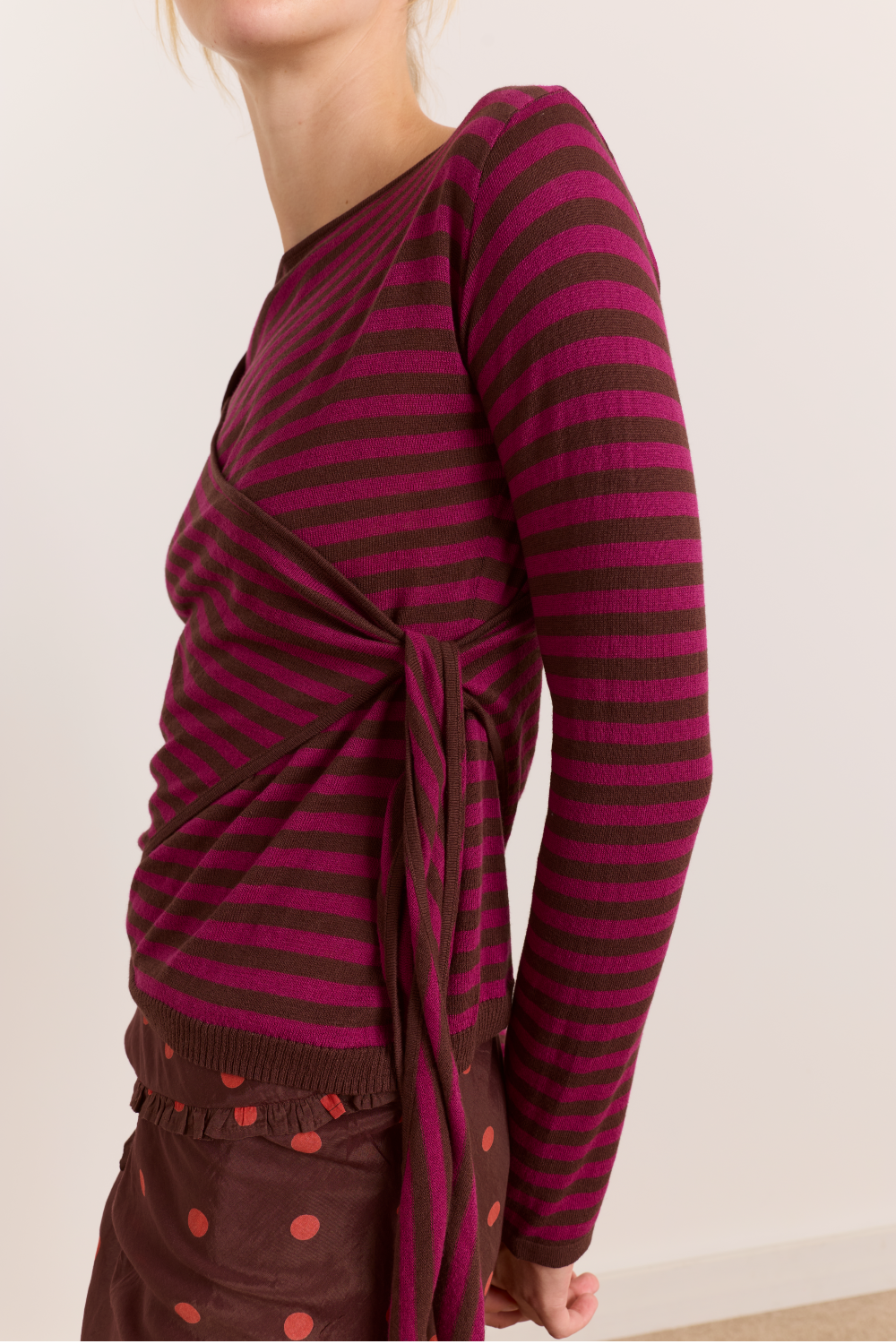 Hannie Wrap Tie Knitted Top - Pink Stripe