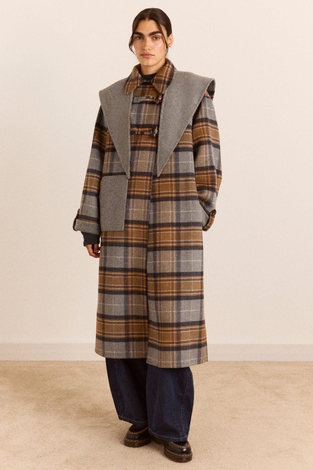 Reversible Wool Long Jerry  Coat -Swift Grey Check