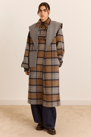 Reversible Wool Long Jerry  Coat -Swift Grey Check