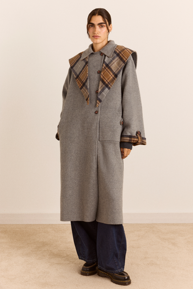 Reversible Wool Blend Jerry Coat - Grey Check