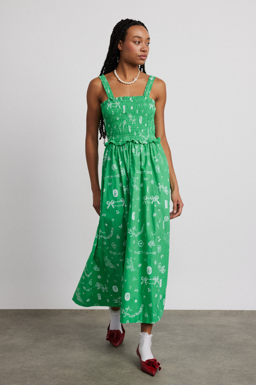 keira shirred midi dress - green symbol print