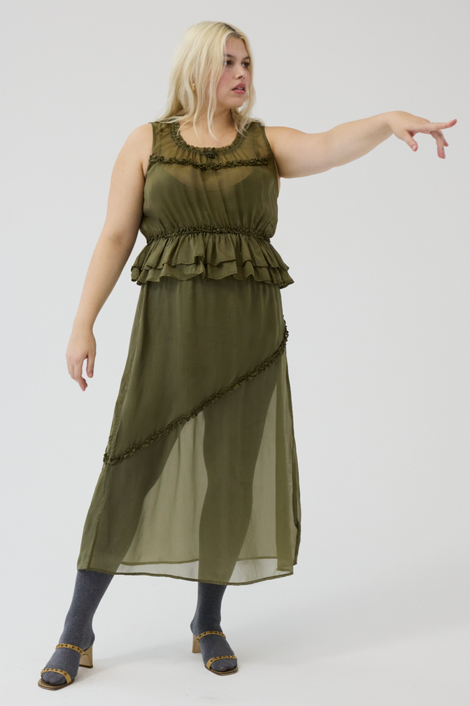 sasha ruffle slip dress with cami - sheer olive