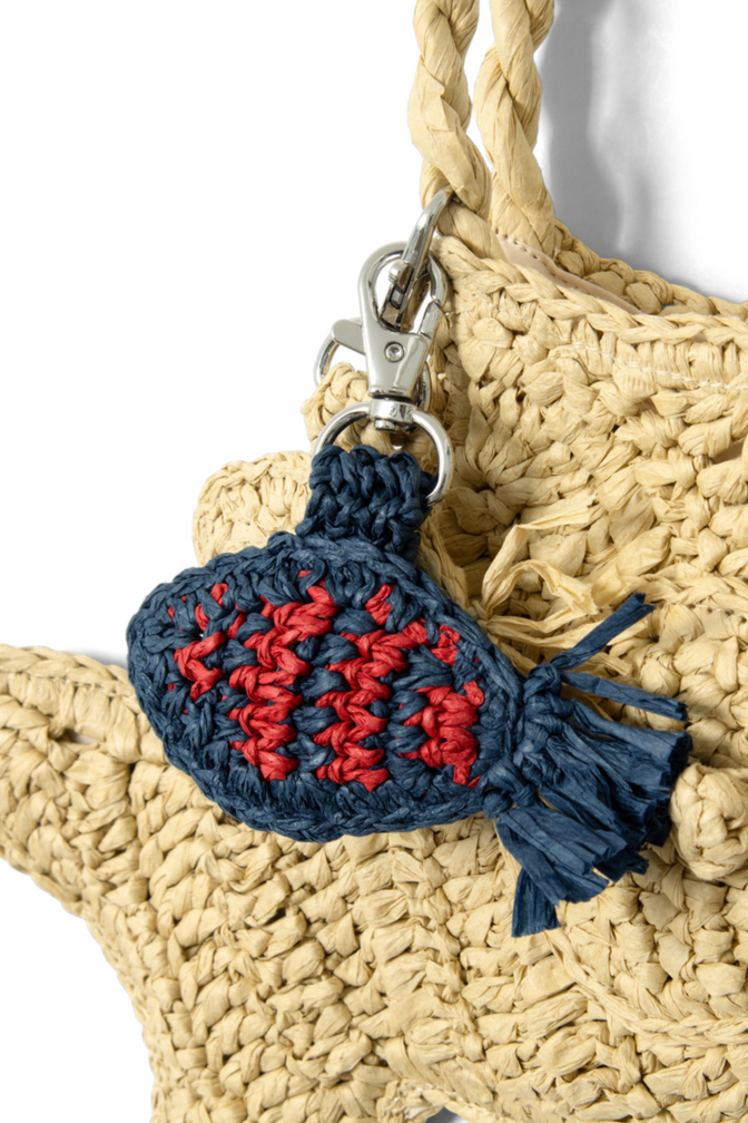 raffia fish bag charm - blue & red stripe
