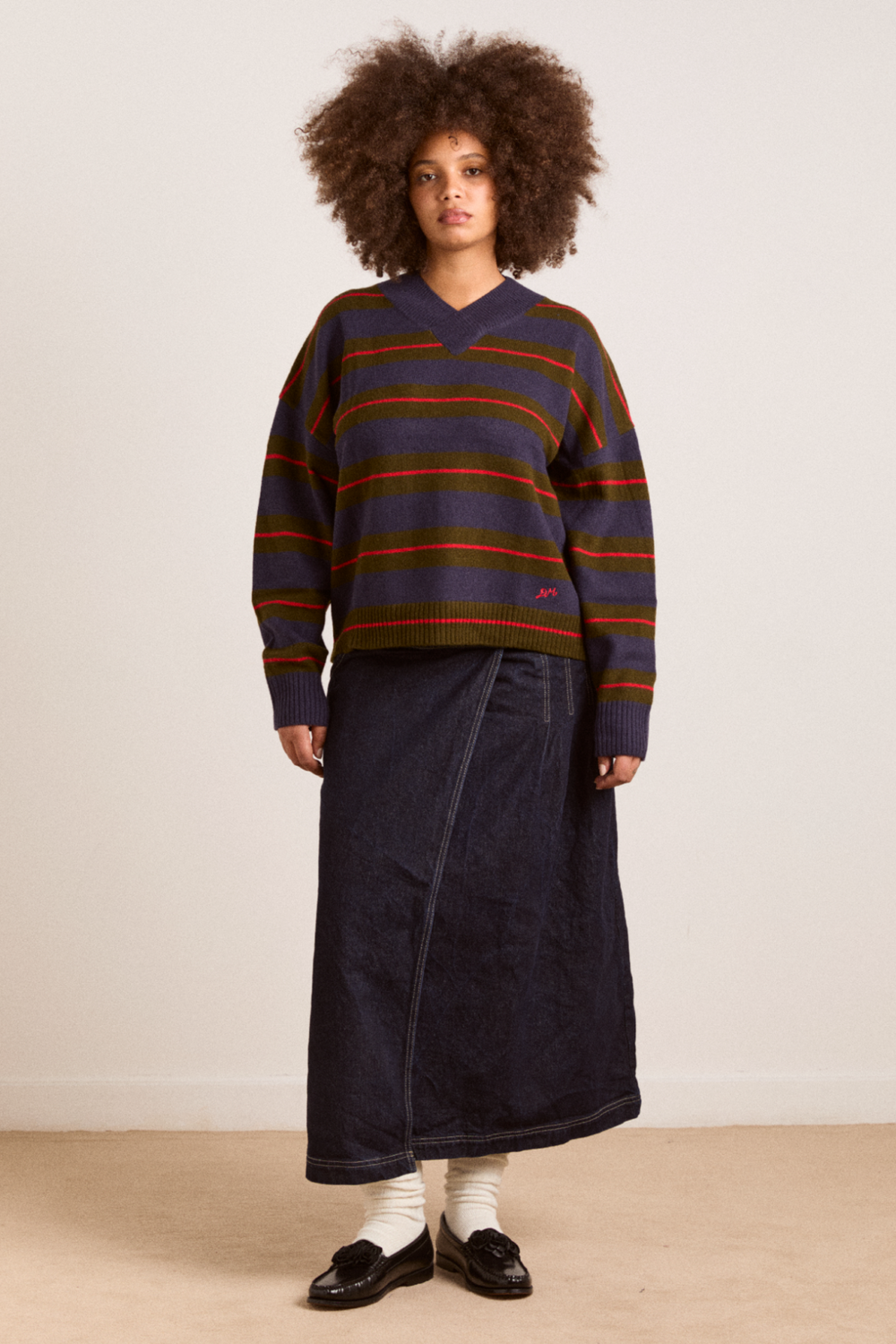 odette v-neck merino wool jumper-olive/navy stripe