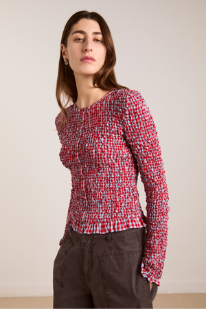 Elliana Smocked Cardi - Blue & Red Gingham