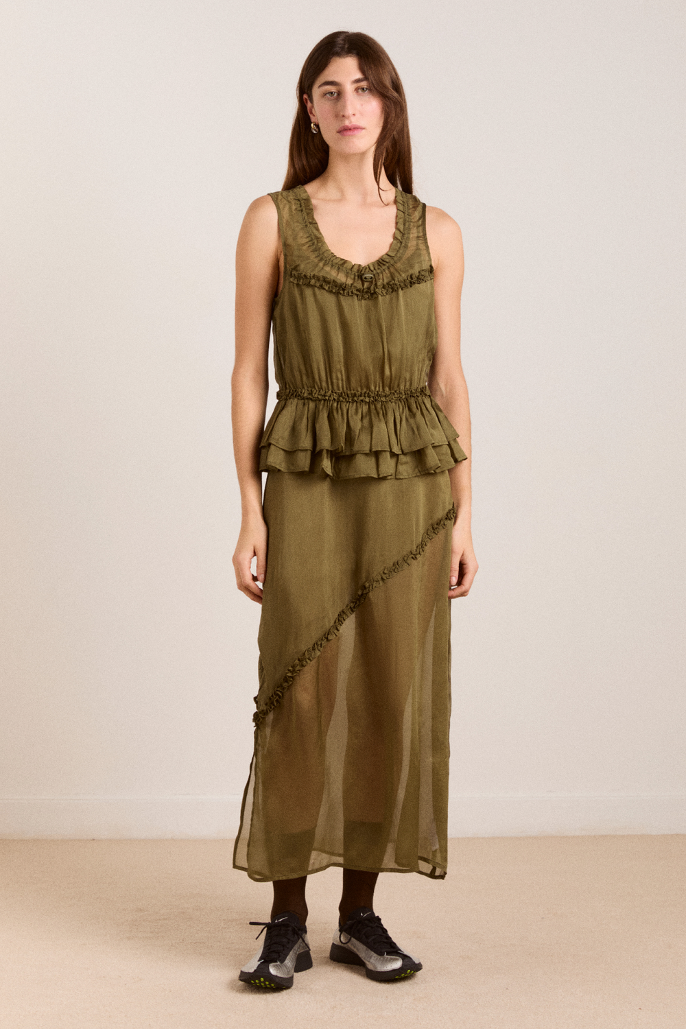 Damson Madder - Sasha Ruffle Slip Dress With Cami - Sheer Olive - Size 10 Damson Madder - Sasha Ruffle Slip Dress With Cami - Sheer Olive - Size 10