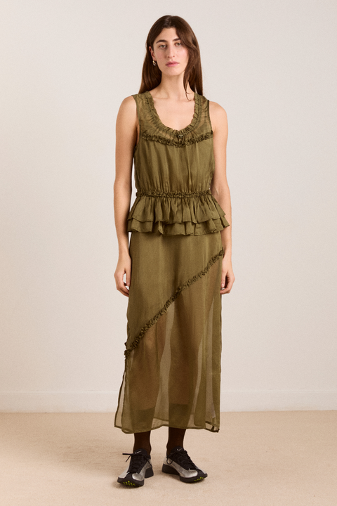 deep green satin ruffle side cami midi dress S Emerald Satin Strapless Bias Cut Midi Dress for Formal Events