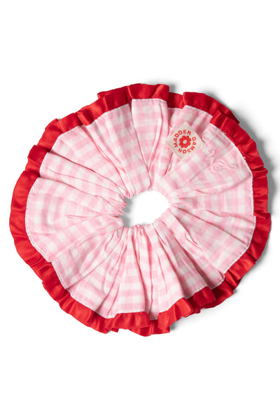 frill scrunchie in pink gingham with satin edge