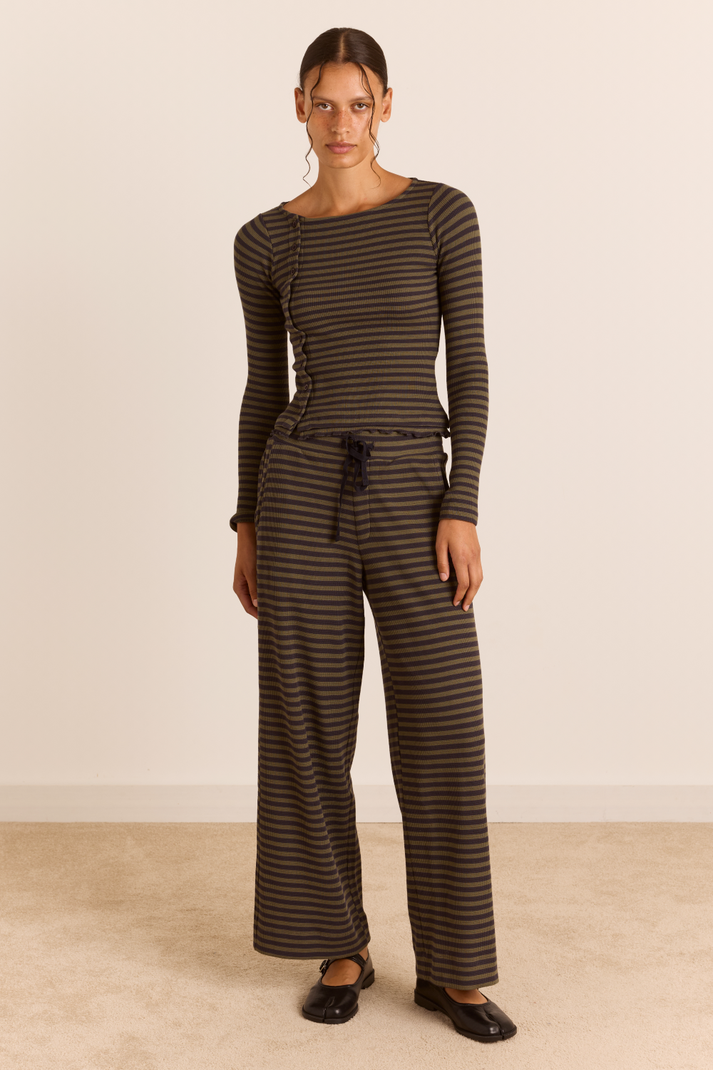 Renee Waffle Jogger - Green/Grey Stripe