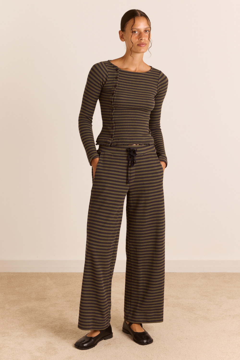 Lizzie Long Sleeve Top - Green/Grey Stripe