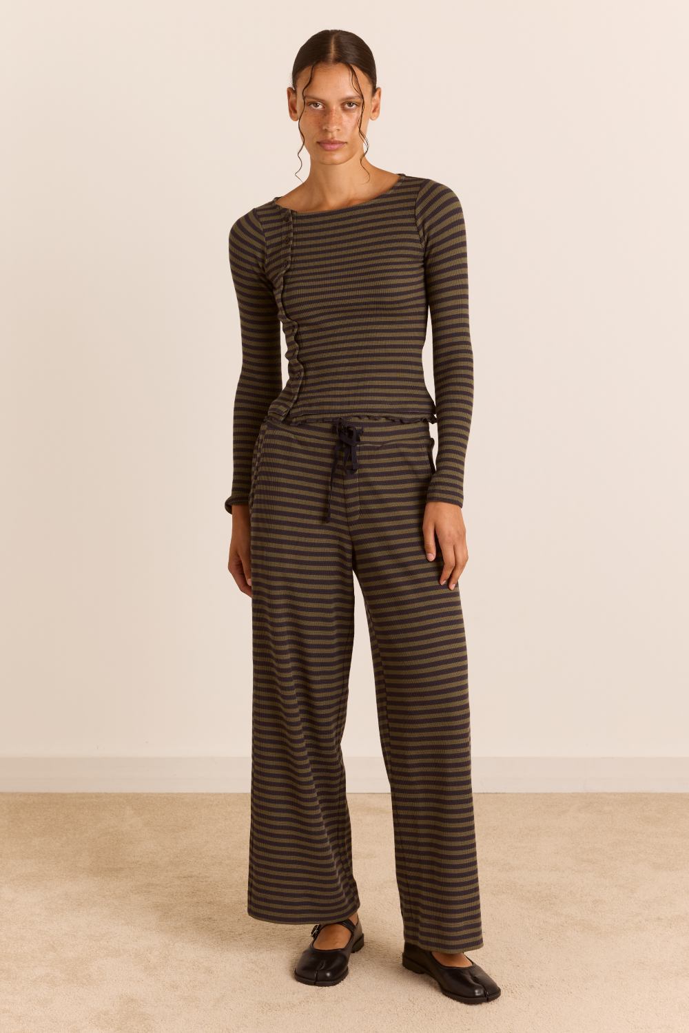 Lizzie Long Sleeve Top - Green/Grey Stripe