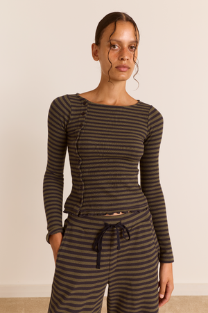 Lizzie Long Sleeve Top - Green/Grey Stripe