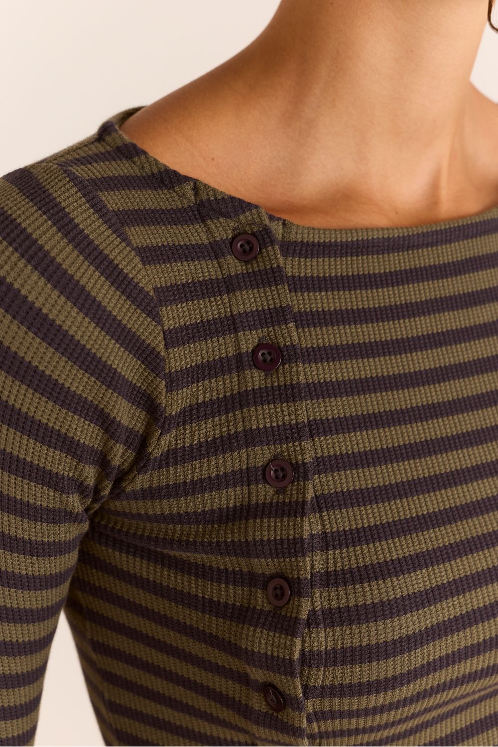 Lizzie Long Sleeve Top - Green/Grey Stripe