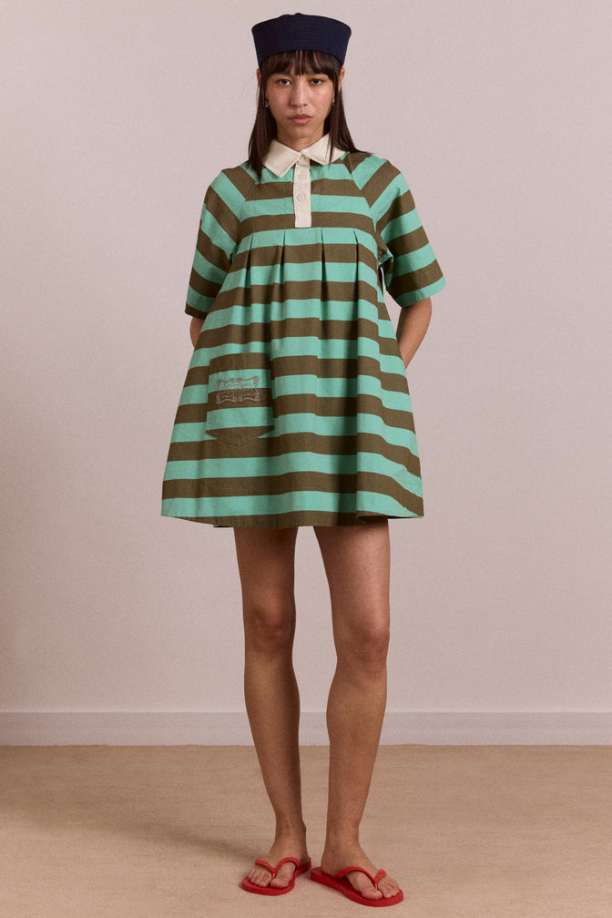maggie mini polo dress - aqua olive stripe