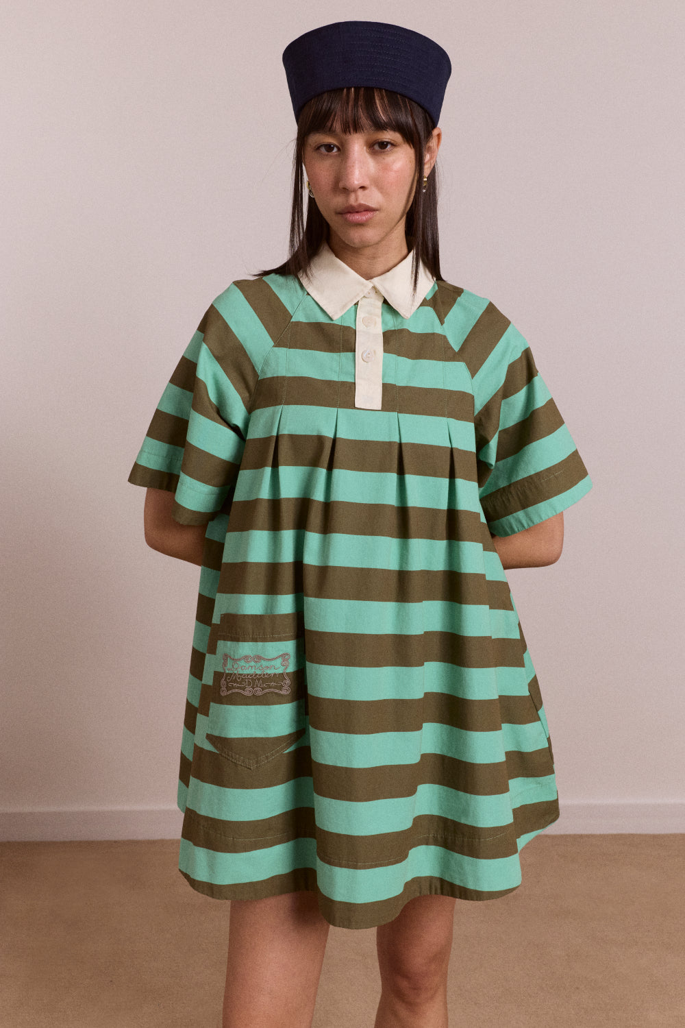 Maggie Mini Polo Dress - Aqua Olive Stripe Damson Madder Maggie Mini Polo Dress - Aqua Olive Stripe Damson Madder