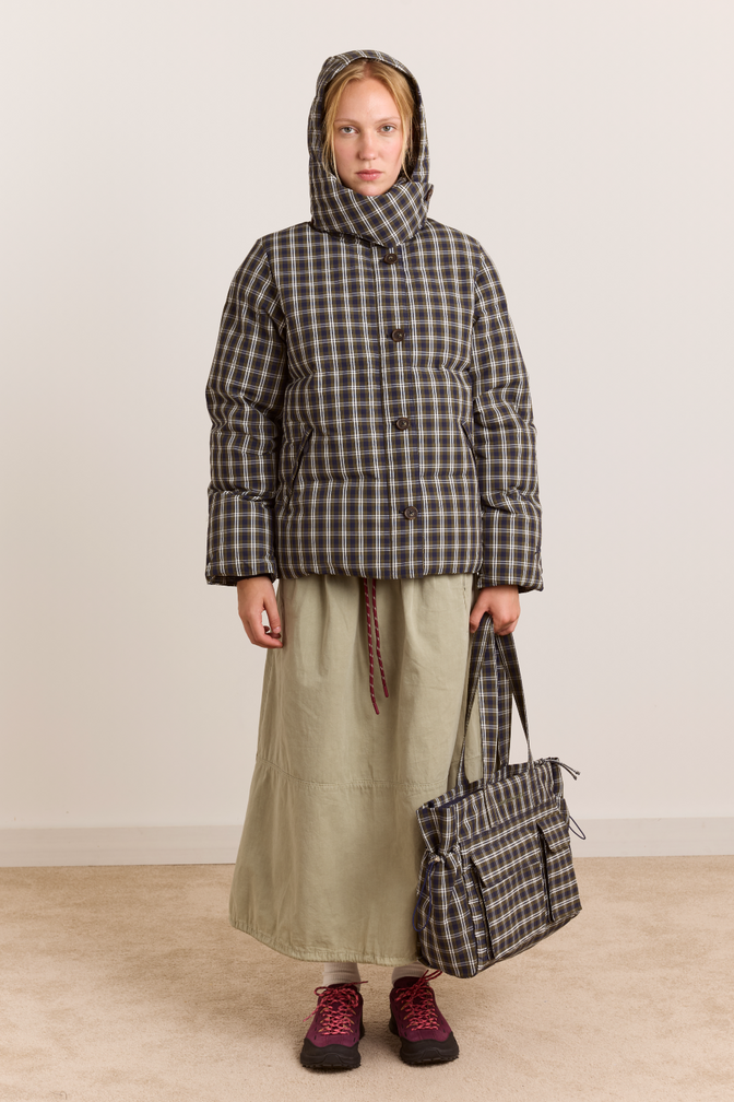 Pearl Hooded Puffer - Navy & Green Check