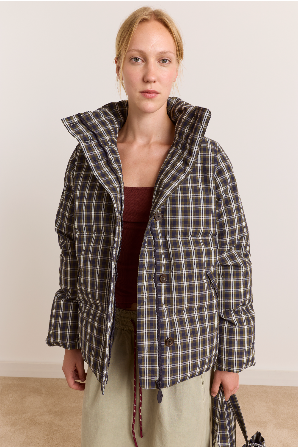 Pearl Hooded Puffer - Navy & Green Check