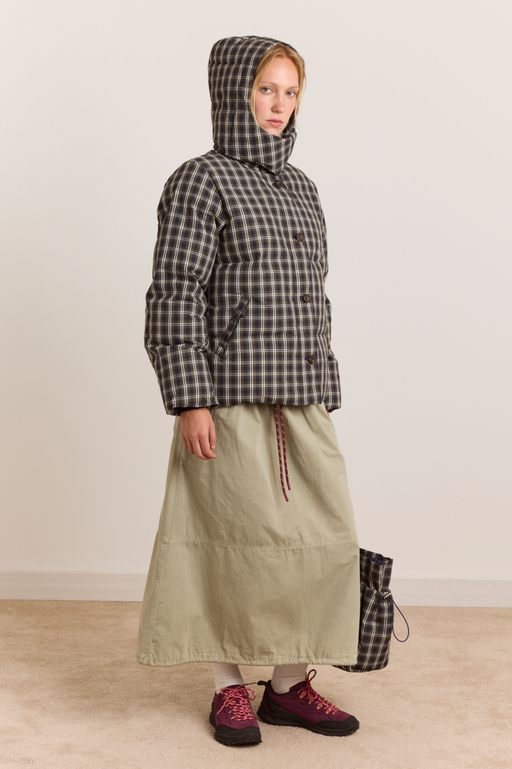 Pearl Hooded Puffer - Navy & Green Check